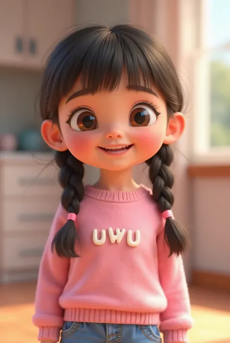 "A close-up of Uwu, a cute and adorable  girl, now smiling cheerfully. Her hair is neatly styled into two braids, each adorned with a small pink ribbon at the end. Her bangs are neatly combed, framing her bright, joyful expression. She wears her usual pink...