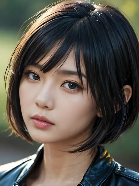 A woman with Asian features, inviting, Cleopatra style short hair, black color, Bangs, LONG EYELASHES, his blue eyes, serious expression, small and thin nose , curvy, wears a short dark leather jacket, a white t-shirt, mouth shut, athletic body, big bre...