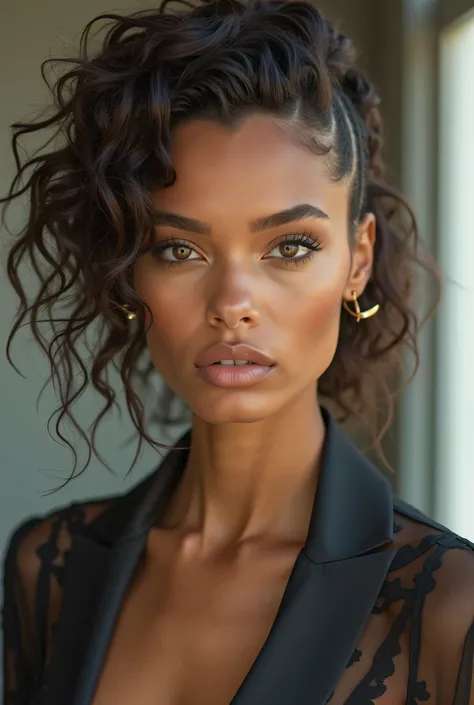 Create a stunning female model with unique and captivating facial features. She should have high cheekbones, expressive eyes, and full lips. Her skin should be flawless and radiant, with a natural glow. Give her a striking hairstyle that enhances her indiv...