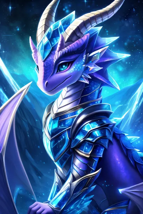 Cute Creature, chameleon dragon(white ), (horns), (small) Cristal spikes (blue), crystallineai_armor,(masterpiece), fantasy ,(illustration) , (ultra-hd), beautiful artwork , glittering effect