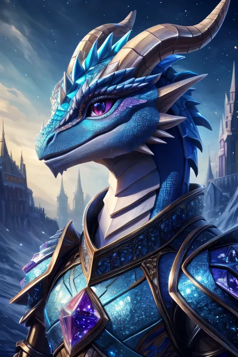 Cute Creature, chameleon dragon(white ), (horns), (small) Cristal spikes (blue), crystallineai_armor,(masterpiece), fantasy ,(illustration) , (ultra-hd), beautiful artwork , glittering effect