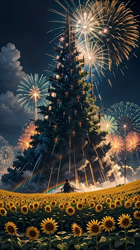 Sunflower field landscape 、 fireworks 、 fireworks 大会、 adorable rainbow colors の fireworks が打ちあがっている瞬間、夜NULLとともに、、ひまわり景色で壮大な fireworks 、 Future都市、profile、masterpiece, ( diffuse reflection of light :1.2), Cuando el fantástico arco iris se convierte en sombra...