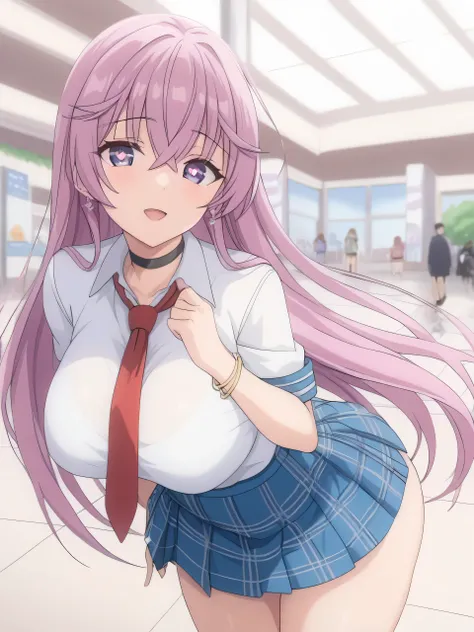 ((masterpiece、 best quality、 very detailed))、 one girl、ai hoshino, long hair, bangs, purple eyes, purple hair, symbol-shaped pupils, skirt, shirt, jewelry, school uniform, white shirt, mini skirt, pleated skirt, earrings, necktie, choker, bracelet, blue sk...