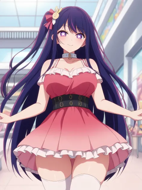 ((masterpiece、 best quality、 very detailed))、 one girl、ai hoshino, long hair, bangs, purple eyes, purple hair, symbol-shaped pupils, one side up, hair ornament, hair ribbon, skirt, thighhighs, white thighhighs, zettai ryouiki, idol, dress, pink dress, slee...