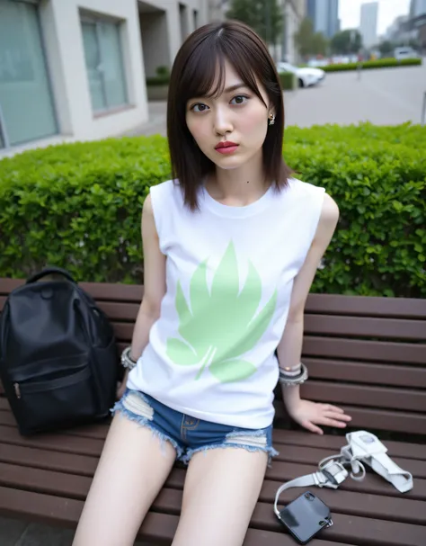 High Angle,  a close-up of the young woman's semi-long hair , Hair and bangs,  her hair is styled in a sleek style , Straight gaze.   here is a breakdown of the details  : * **The Woman:**  she is the central focus ,   is shown.  Her figure was very slim ,...