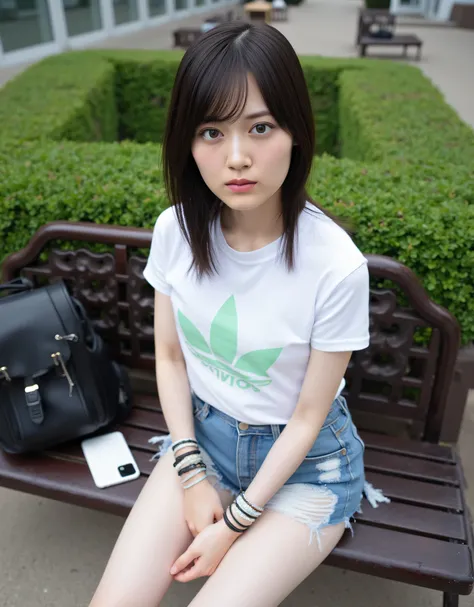 High Angle,  a close-up of the young woman's semi-long hair , Hair and bangs,  her hair is styled in a sleek style , Straight gaze.   here is a breakdown of the details  : * **The Woman:**  she is the central focus ,   is shown.  Her figure was very slim ,...