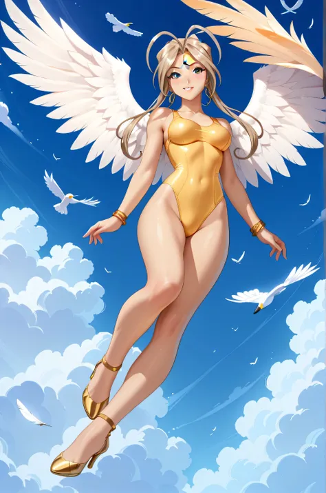 Belldandy, Belledanti，Golden swimsuit, pure gold swimsuit, one-piece swimsuit, perfect figure, flying in the sky, floating in the air, beautiful legs, looking up angle, flapping from bottom to top angle, arms spread out, perfect figure, golden high heels, ...