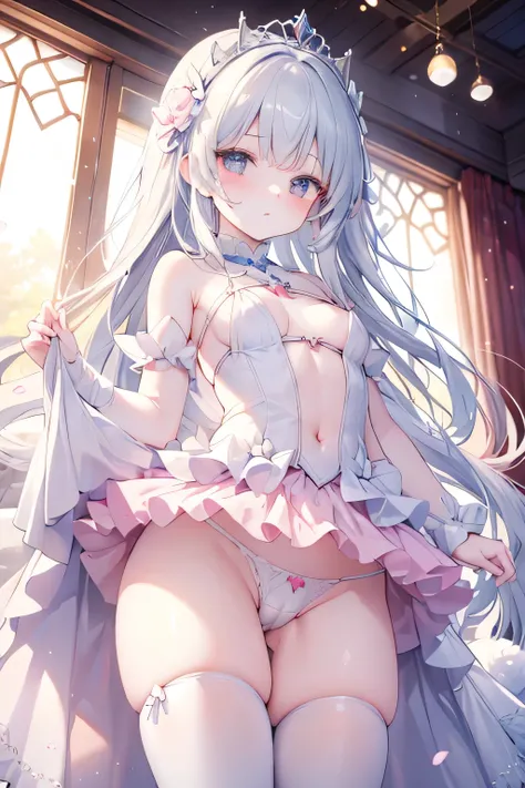 (masterpiece, best quality, absurdres, detailed:1.2),Please draw a sexy princess wearing a fluffy skirt and showing her panties.,cameltoe, small tits, pink, white