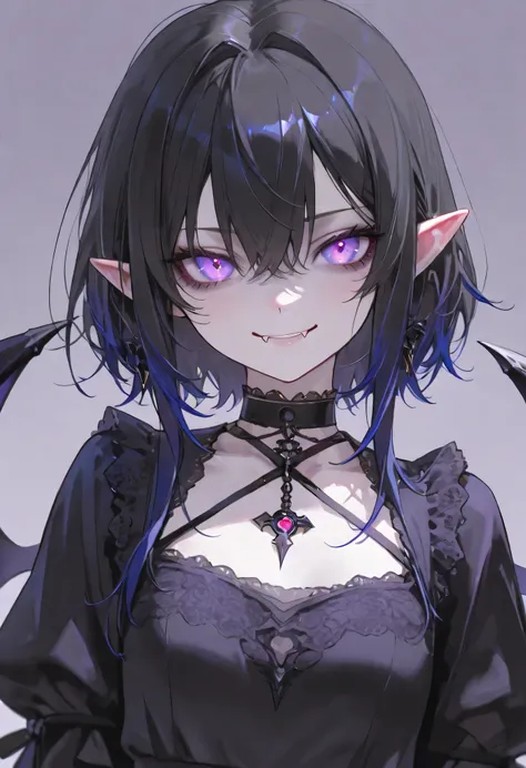 A gothic vampire girl with short black hair and dark blue tips, glowing purple eyes, and sharp fangs. She has pale skin and an eerie yet enchanting smile. She wears an elegant black and purple lace gothic dress with intricate details, along with a dark cho...