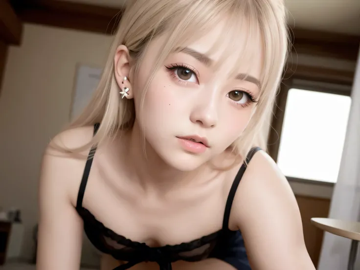 1girl, nude, ((((petites)))) ,Transcendental cute Japanese girl , (((petite face , petite style))), ass focus , pussy focus , erected nipple , dutch angle, crotch grab  ,bangs, medium breasts, blonde hair, long hair , straight hair , pink hair tips , Ear p...