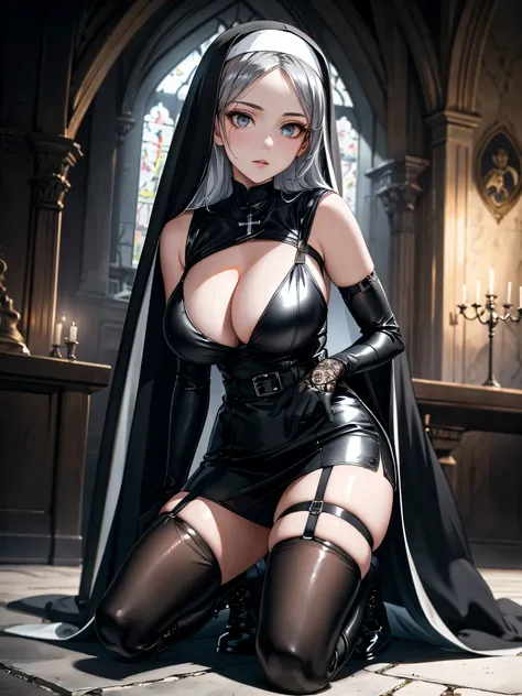  A high resolution ,  masterpiece pixiv , ((Intricate details)), epic lighting, 1 girl, kneeling on the floor,  seen from the front ,  tender look, detailed face, detailed eyes, silver eyes, sensual lips, black nun costume, ((black straps)). (black gloves)...