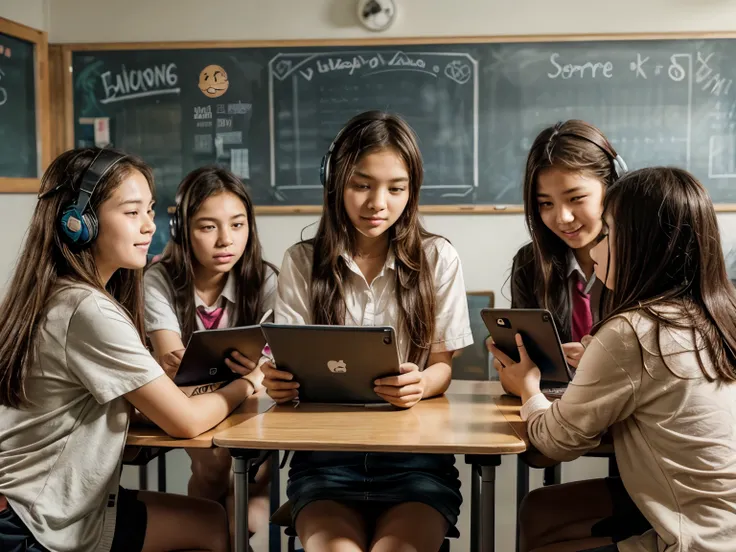 Illustration of junior high school students with Indonesian ren's face characters sitting neatly at their respective desks studying in the classroom holding tablets and headphones, the teacher standing in the middle of the class while explaining something....