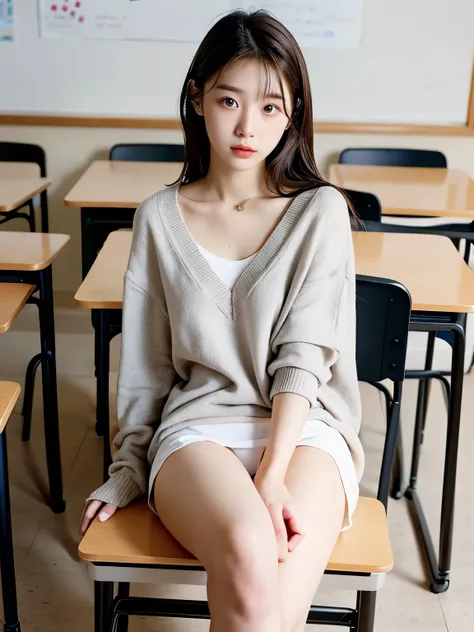 beautiful and cute 20-year-old Korean college student with a photorealistic face, white skin, super cute, no clothes, no underwear, sitting or standing in a classroom