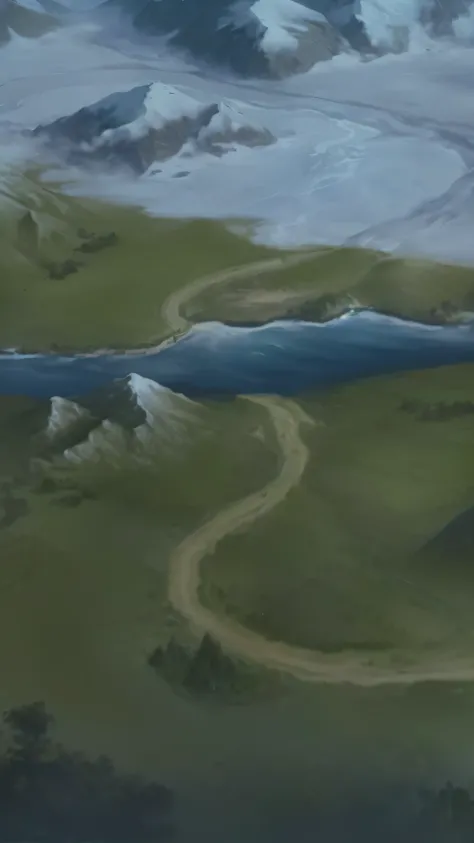 The painting ，depicts a river passing through a green valley，A mountain in the background,  Game map matte painting  , dota! Matte Painting Concept Art, Middle-earth landscape , A winding river, dota Matte Painting Concept Art,  detailed soft painting ,  S...