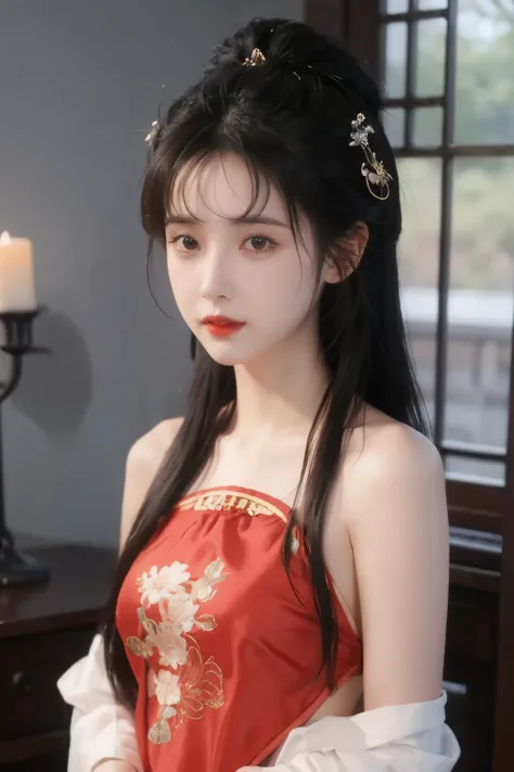 1 girl, skirt,  Hair accessories , red skirt, alone,  Chinese clothing ,  long hair, Sitting, Bare shoulders, window, brown hair, OK, Indoor, dark hair,
and watch the audience
 