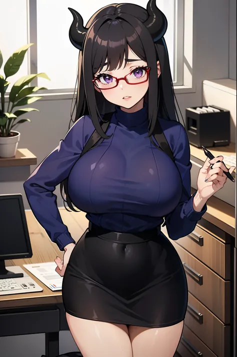 ((masterpiece, the best quality, 4k)), 1 girl, Alone , long hair, black hair, purple eyes, glasses, glasses, sweater,  high neck ,  red bangs, straight hair, boring, big breasts, want wide hips,  thick thighs , thick lips, indoors,  cubicle , office,  Plan...