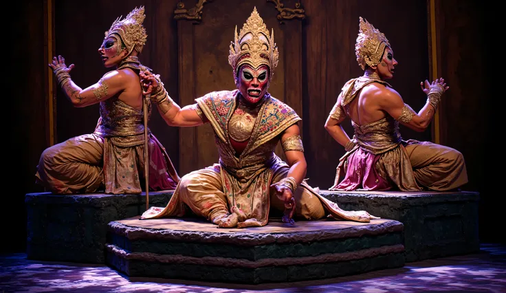 Thai Khon theater performers, ornate traditional golden headdresses with tall spired crowns, intricate embroidered costumes with rich patterns in red green and gold, demon character with fierce red mask sharp fangs and horns, elegant royal couple with sere...