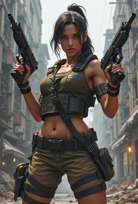 A free fire female character holding a bizon gun on both sides 