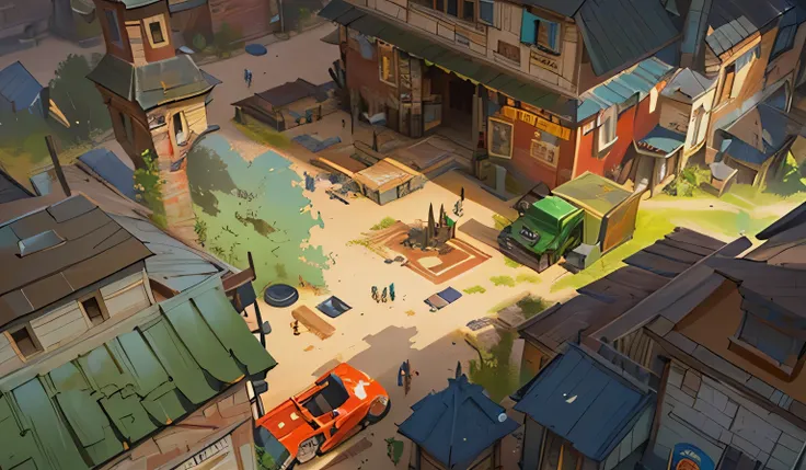 there is a small town with a lot of buildings and a truck, isometric game art, isometric 2 d game art, indie game concept art, scenery game concept art, stylized concept art, game concept art, painted as a game concept art, game concept, zootopia concept a...