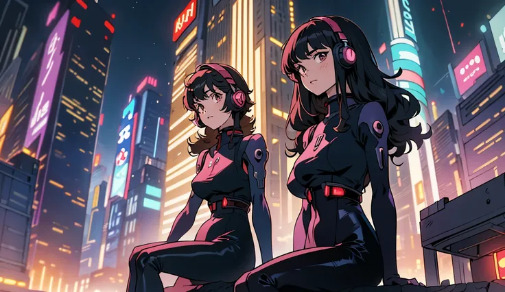 A full-bodied curvy girl with big hips without exaggeration,  somewhat gothic , Black-haired with curlers and brown eyes, dressed in tight futuristic Evangelion-style clothing that is half robot, with large headphones of many colors with lights in their ea...