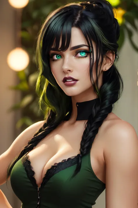 1 sexy girl, (green iris:1.5), (black hairs:1.5), cleavage, sleeveless, (masterpiece, best quality, ultra detailed, absurdres:1.5), (sexy, beautiful woman, perfect face, perfect eyes, perfect female body:1.5), braid, ponytail, hair ornament, bangs, bare sh...