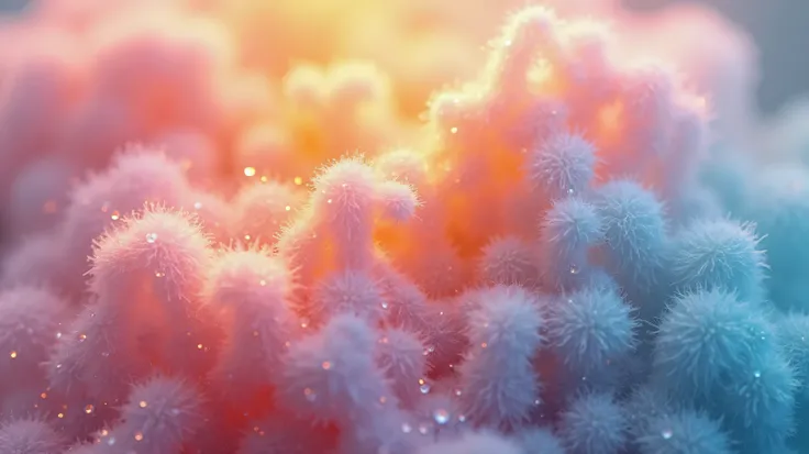 background, extreme close-up, macro, microscopic, fiber, cotton, fluffy, fuzzy, snow, crystallized, fractal, soft rainbow color scheme, photograph, masterpiece