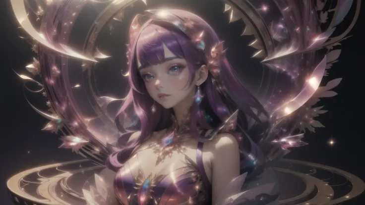 ( masterpiece, Top Quality, best quality, official art,  beauty and aesthetics:1.2),(Radial Component:1.2),(1 girl:1.2),upper body,cosmic witch wearing a purple transparent magic hood|Pink crystal, ABSTRACT SOLAR SYSTEM IN A BRIGHT NEON COLOR ,CRYSTAL PLAN...