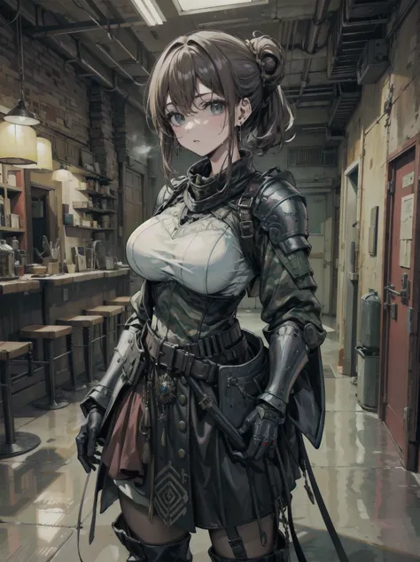 earring, large breasts, narrow waist, short hair, wavy hair, hair behind ear, half updo, black hair, sweat, cowboy shot, looking at viewer, indoor, ((Army dress, Armored Tank)),