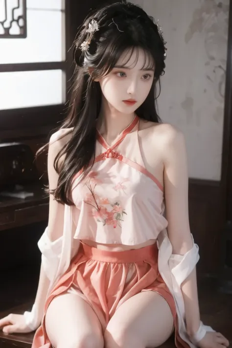 1 girl, skirt,  Hair accessories , 粉色skirt, alone,  Chinese clothing ,  long hair, Sitting, Bare shoulders, window, brown hair, OK, Indoor, dark hair,
and watch the audience，
 