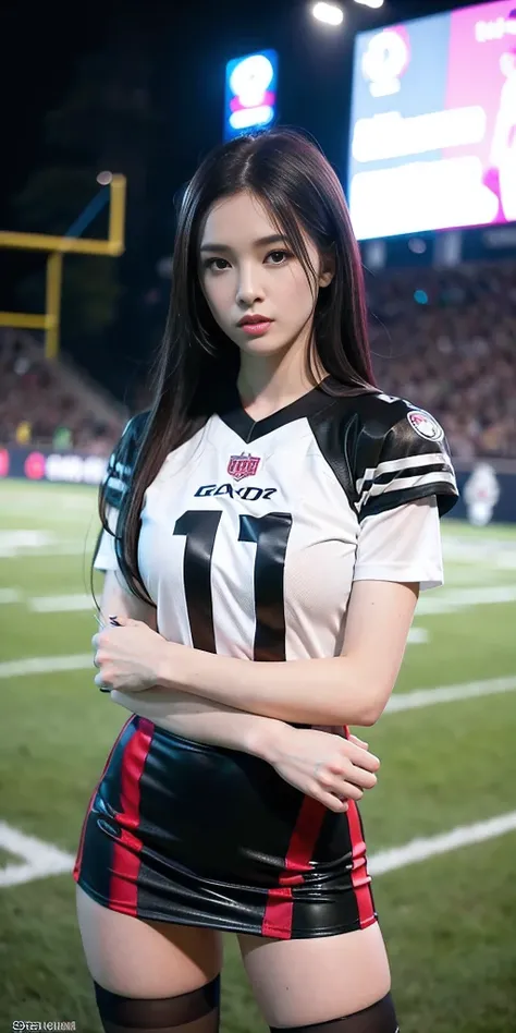 Classy high-end elite model in sexy Football Uniform, On the football field, Wearing a tight sexy football suit, exposing Wearing a short skirt, Wearing high-end football shoes, Football supporter team girl, in a sexy football suit, football player, sexy f...