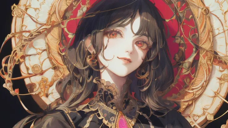 masterpiece: 1.7, highest quality、(  highly detailed CG  、 Ultra High Definition 、Best Shadow:1.1)、Picturesque、  sketch、  Witch、black dress、  dark-haired、 Red Eyes、Paper Texture、shown in ultra-high resolution、 Very Detailed Face 、flat-colors、Extremely elab...