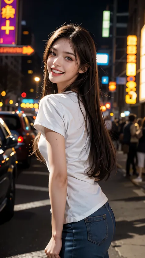 Cute 26 year old   ,1 girl,slim face, Taken from a Distance  ,8k,Super realistic image quality, dynamic shadows,Sparkling Eyes,Clear black eyes,   movie theater lighting,Dim Backstreet  ,    night   ,City Darkness ,((  shows white teeth and laughs)),(( Ple...