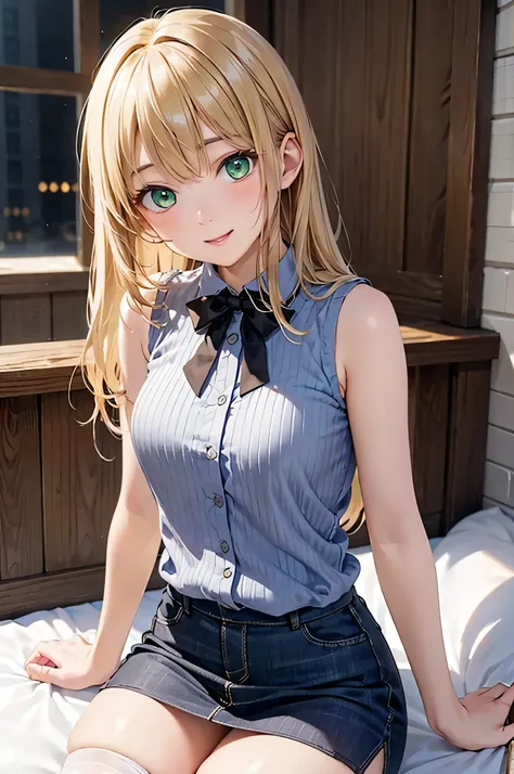  8k resolution,((highest quality)),Ultra High Resolution, Adult Female, alone,  sexy, (gentle smile), ( lime green eyes ), Beautiful Symmetrical Face, (blonde straight long hair),sleeveless neck shirt,check miniskirt excluding the room,stockings,realistic:...