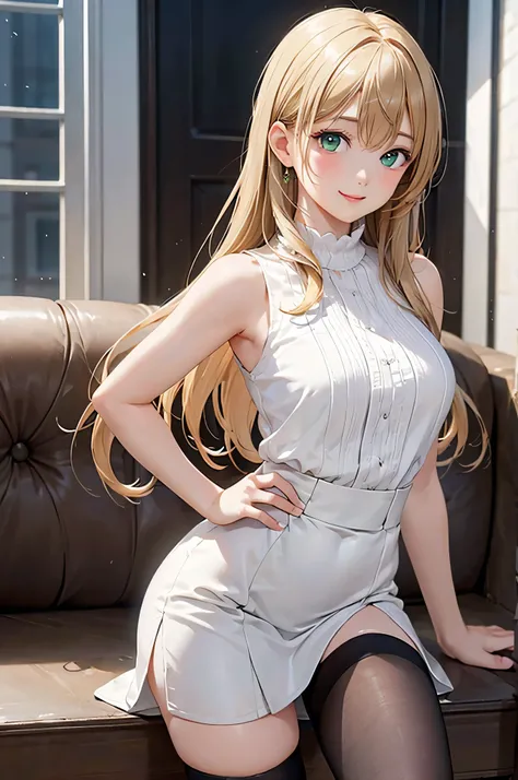  8k resolution,((highest quality)),Ultra High Resolution, Adult Female, alone,  sexy, (gentle smile), ( lime green eyes ), Beautiful Symmetrical Face, (blonde straight long hair),sleeveless neck shirt,check miniskirt excluding the room,stockings,realistic:...