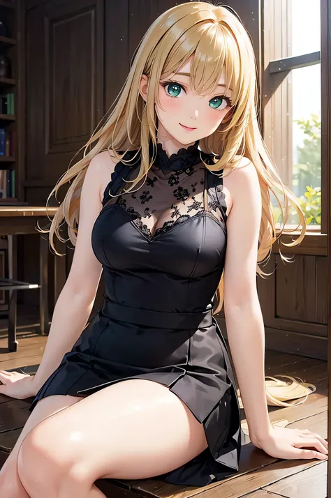  8k resolution,((highest quality)),Ultra High Resolution, Adult Female, alone,  sexy, (gentle smile), ( lime green eyes ), Beautiful Symmetrical Face, (blonde straight long hair),sleeveless neck shirt,check miniskirt excluding the room,stockings,realistic:...