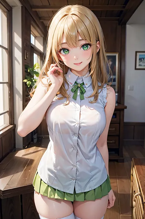  8k resolution,((highest quality)),Ultra High Resolution, Adult Female, alone,  sexy, (gentle smile), ( lime green eyes ), Beautiful Symmetrical Face, (blonde straight long hair),sleeveless neck shirt,check miniskirt excluding the room,stockings,realistic:...