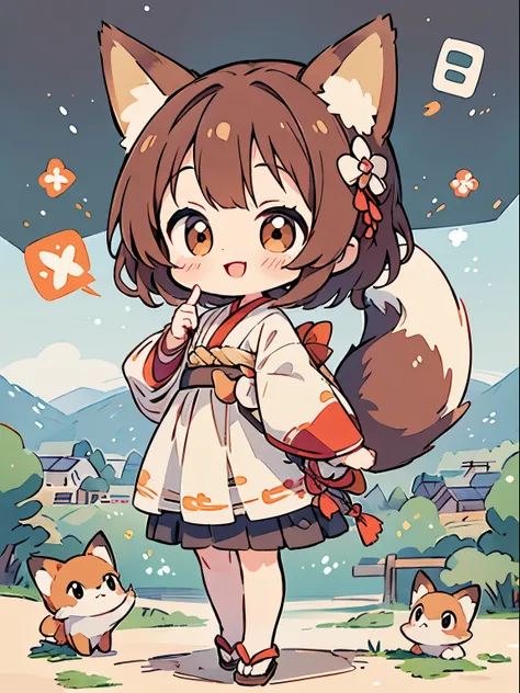 ((highest quality)), ((masterpiece)), ( details), perfect face, Perfect Arms, perfect hands, perfect finger, anime, ultra fine illustration , ((1 person)), chibi, fox ears、 ( fox girl), cute, brown hair, Playful , {( open your mouth )}, Scenery of rural ...
