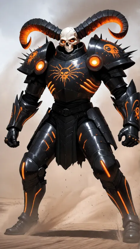 A large shadowy figure in full plate armor, standing among the remains of battle, dust drifting over the field, full body shot, extreme wide angle, insane detail, three-quarter shot.
A large skull faced helmet with two large horns jutting foreword, glowin...