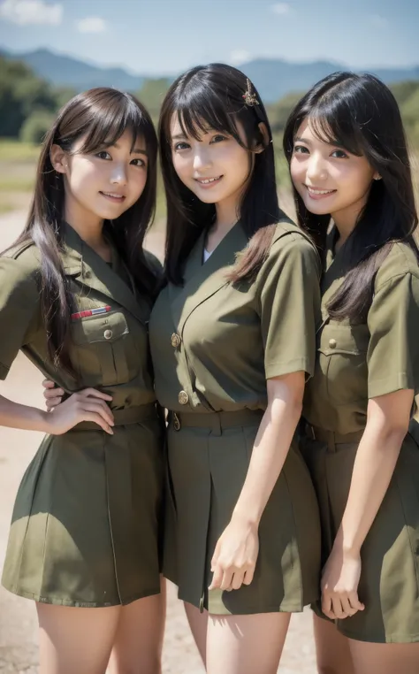  group of women in khaki military uniforms， A female soldier in the Japanese army、Japanese、wears a Hinomaru patch on her arm、laughing、 bust is big、Drag each other's bust side by side、Closely attached、 idol style、wearing a Hinomaru headband around their hea...