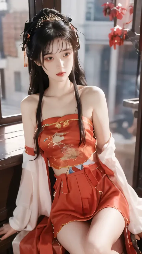 1 girl, skirt,  Hair accessories , 红色skirt, alone,  Chinese clothing ,  long hair, Sitting, Bare shoulders, window, brown hair, OK, Indoor, dark hair,
and watch the audience，
 