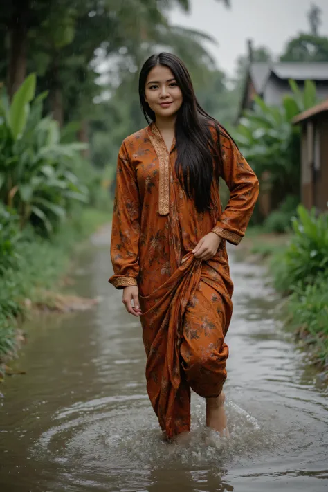 ultra best quality, masterpiece:1.4, ultra high res:128K, (photorealistic:1.2), real 1 girl, (detailed face:1.2), (detailed eyes:1.2), (detailed hair:1.2), (detailed clothes:1.2), 4k, indonesian woman, very wet hair:1.3, shiny wet skin:1.2, walking in very...