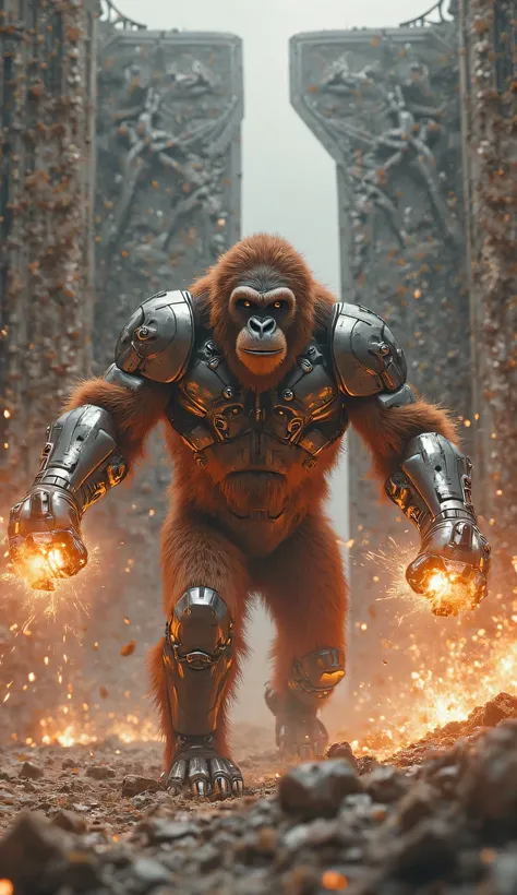 An orangutan with silver cybernetic armor, gathers energy in both fists and then blows up the gate of the enemy base.