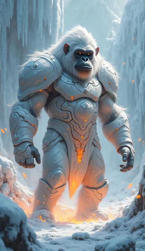 An orangutan in shining white armor, emitting a beam of fire energy from his chest to fight the ice demon that froze the world.