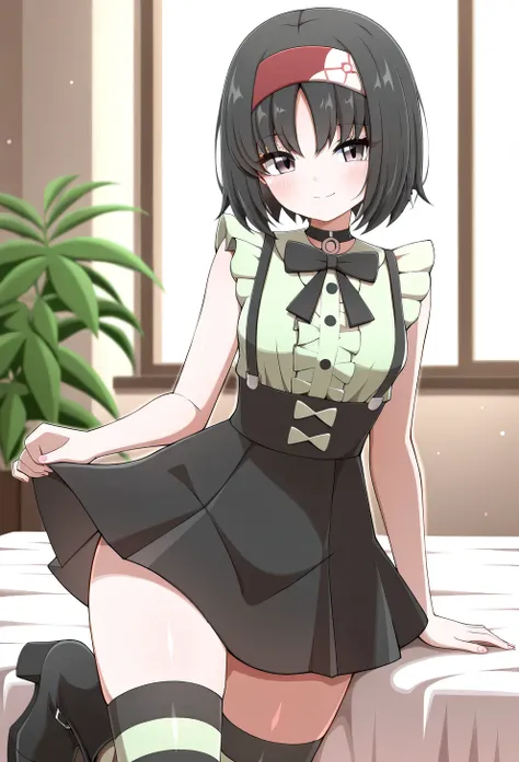 Erika_(pokemon), 1girl, solo, bob_cut, short_hair, black_hair, parted_bangs, hairband, red_hairband, grey_eyes, eyelashes, smile, seductive_smile, jirai_kei, shirt, green_shirt, frilled_shirt, sleeveless_shirt, sleeveless, center_frills, bow, bowtie, black...