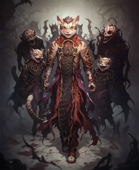 score_9, score_8_up , score_7_up , score_6_up, detailed, detailed eyes, detailed fur, male, tail, yan shu chi_nekojishi, evil smile face, blood full body, kill people, high quality, detailed background, masterpiece, unreal, horror, dead person, Chinese hor...