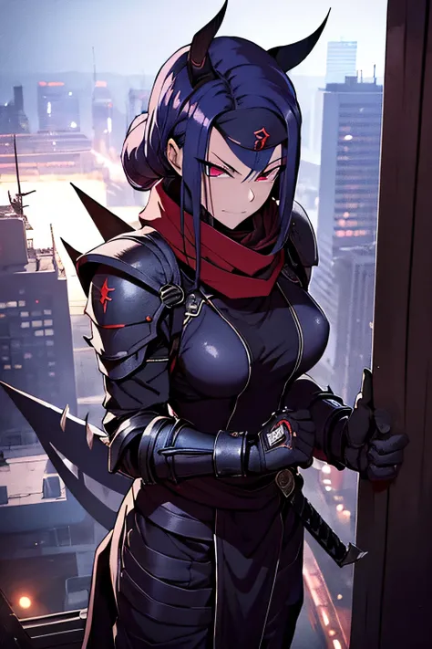 ninja, female, mechanical, heavy metal, armor, darkness, wielding chained sickle, spikes, long red scarf, standing on top of a skyscraper, best quality, high resolution, 8k, dynamic lighting, rough texture, shadowing 