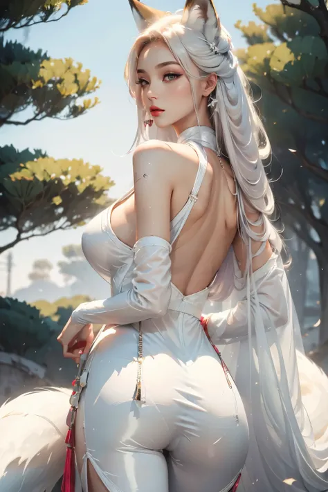 today kda,  back view , BIG ASS,  perfect breast,  beautiful, Sensual, thin, , highly detailed,  image focused on depth , realistic full-size photo , Sensual jumpsuit, Fox Girl - Little Fox Girl