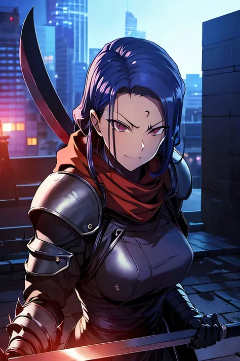 ninja, female, mechanical, heavy metal, armor, darkness, wielding chained sickle, spikes, long red scarf, standing on top of a skyscraper, best quality, high resolution, 8k, dynamic lighting, rough texture, shadowing 