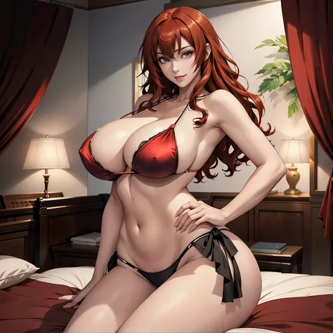 Anime, a glamour shot of a smiling Rias Gremory (extremely long wavy red hair), enormous breasts, wide hips, big ass, on her bed, leaning toward the viewer, cowgirl, with Smokey eyes and manic smile, sexy revealing micro bikini, underboob, side boob, insan...