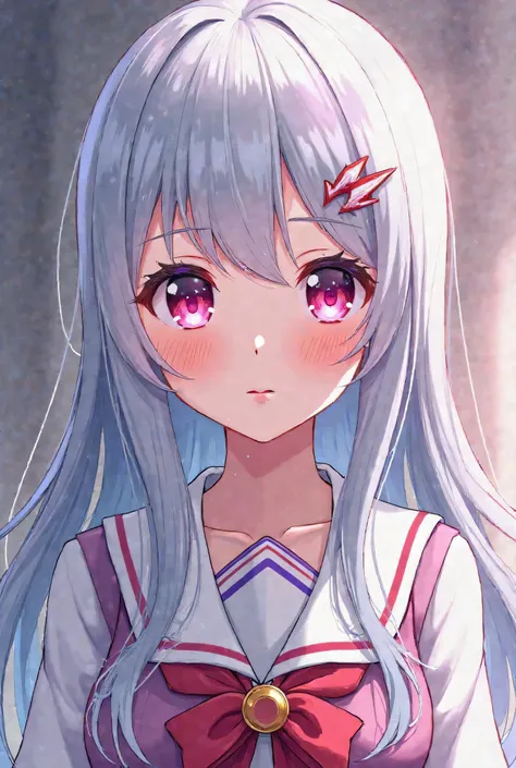 Anime style. Woman with long silver hair, pink eyes like jewels, wearing a school dress like in the story of shugo charaGuardian character